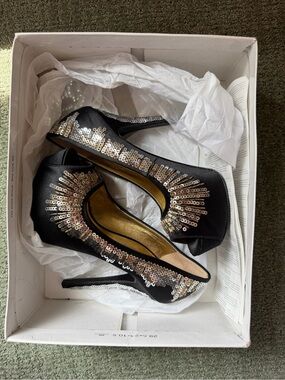 Nine West Black Peep-Toe Stiletto Heels with Gold & Silver Sequins
